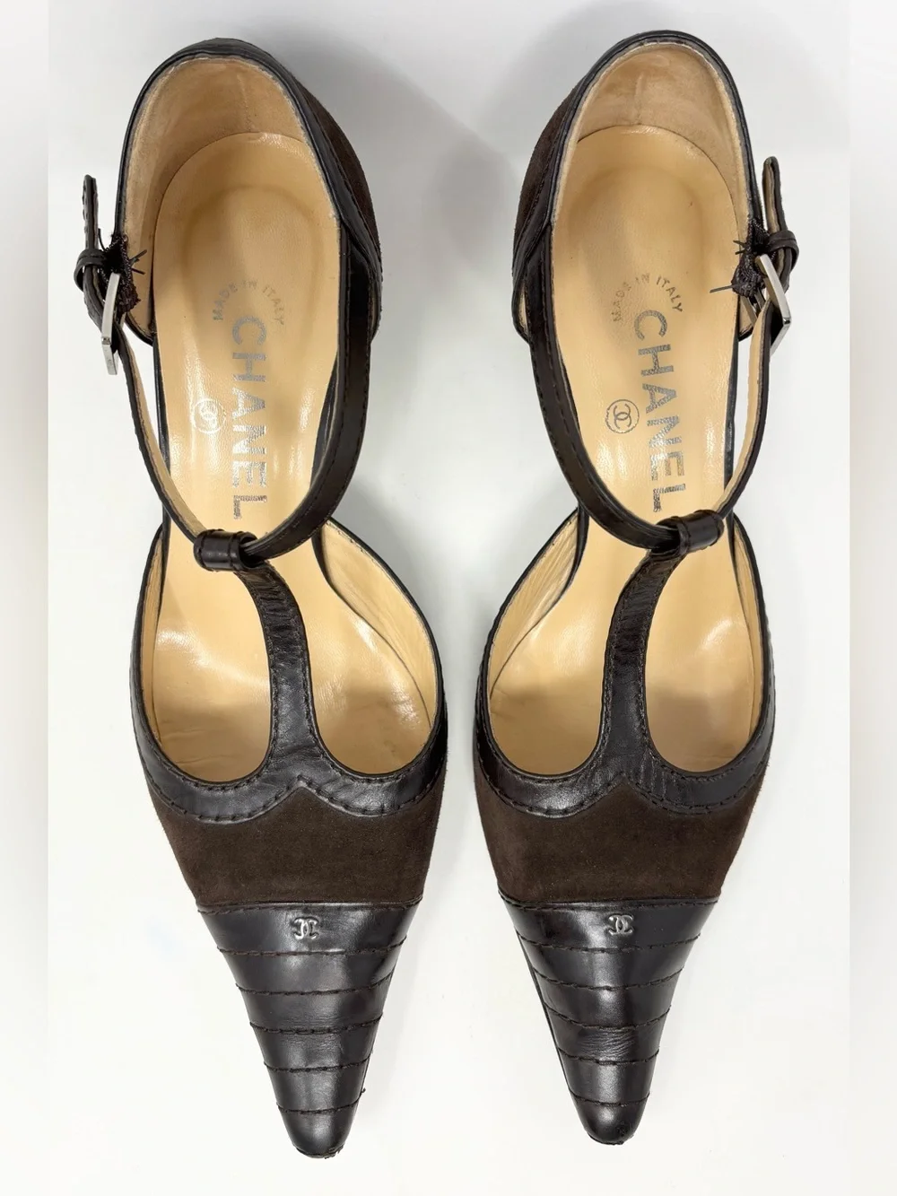 Chanel Vintage 2003 T-Strap Pumps Brown Suede Leather Pointed Toe 38